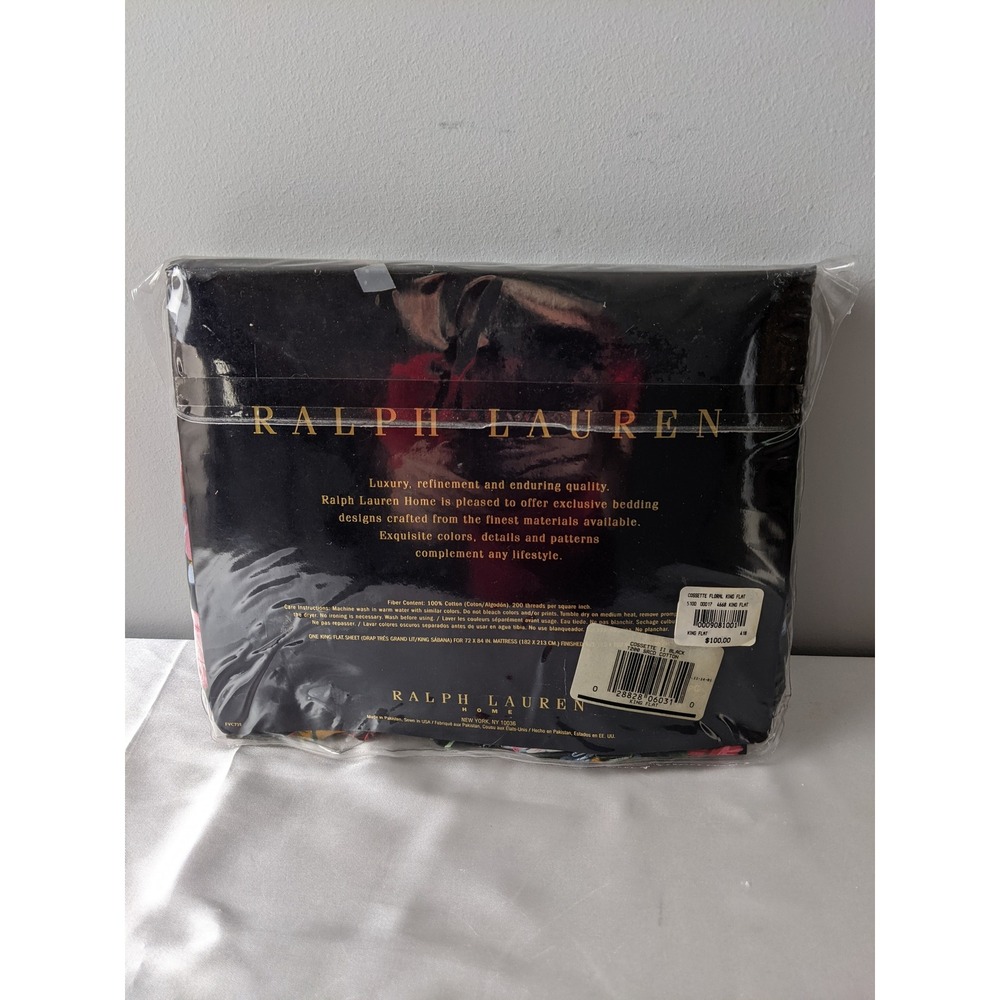 Ralph Lauren Isadora Cossette Black Floral Ruffled Flat Sheet‎ King New 200TC